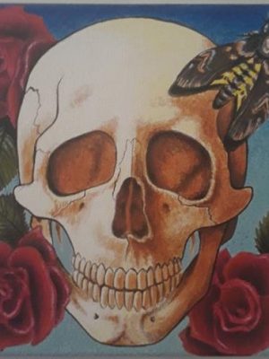 tableau acrylique un crâne coloré avec des roses titre Vanité-tatoo